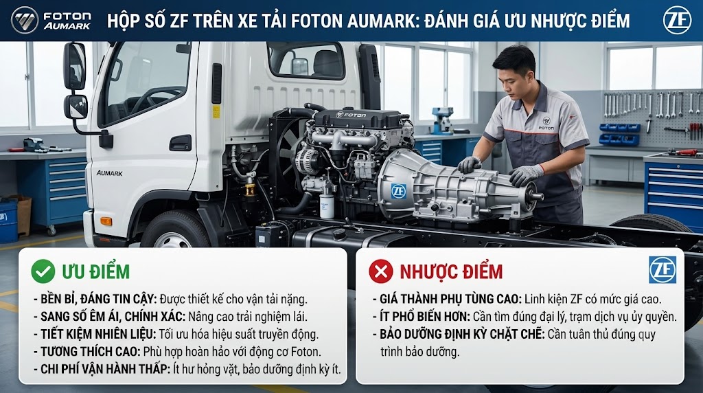 Hộp số ZF xe tải Foton Aumark là điểm cộng lớn nhờ sang số mượt mà, độ bền tốt và hiệu suất cao. Đây là lựa chọn đáng cân nhắc.