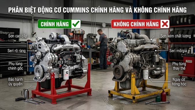 phân biệt động cơ cummins chính hãng và không chính hãng